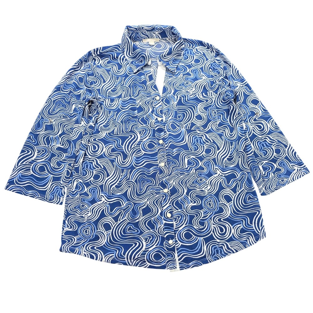 Sunny Leigh Button Down Shirt Women's Size L Blue White Abstract Swirl Pattern